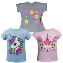 Kit de 3 camisetas para meninas infantil Malha 100% Algodão