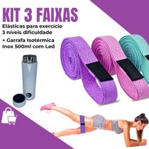 Kit de 3 Faixas para Exercícios + Garrafa Isotérmica Com Led Academia Treino em Casa Elástico para treino Pilates Yoga