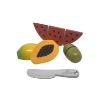 Kit de 3 frutas - melancia, mamão, kiwi e faquinha, da NewArt - Brinquedo de frutinhas de madeira com corte - Cód. 407