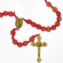 Kit de 3 Terços rosas acessório religioso de nossa Senhora Aparecida dourado