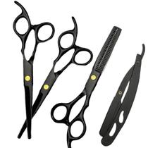 Kit de 3 Tesouras Corte Barbeiro Navalha Profissional Preto