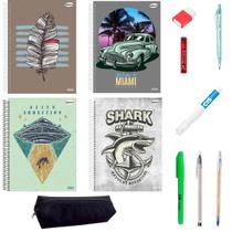 Kit de 4 Cadernos com 96 Folhas e Material Escolar com Lapiseira, Grafite, Canetas, Marca Texto, Borracha e Estojo Kit de 4 Cadernos com 96 Folhas e Material Escolar com Lapiseira, Grafite, Canetas, Marca Texto, Borracha e Estojo