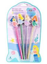 Kit de 4 Lápis Preto com Borracha Sereia Formato Redondo Escolar Escrita Desenhos Kit de 4 Lápis Preto com Borracha Sereia Formato Redondo Escolar Escrita Desenhos