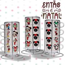 kit de 4 xícaras com suporte de metal Mickey e Minnie feliz natal