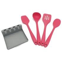 Kit de 5 utensílios de Silicone Vermelho com Descanso