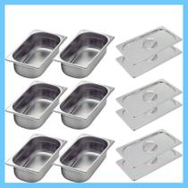 Kit de 6 Cubas Gastronômicas Com Tampa Buffet Inox 1/3 100mm