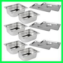Kit de 6 Cubas Gastronômicas Com Tampa Buffet Inox 1/4 150mm