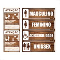 Kit de 6 Placas de Banheiro Fem. Masc. Acessib. e Unissex com Regras