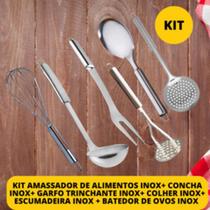 Kit De 6 Utensílios De Cozinha Completo Peças Em Inox Escumadeira Garfo Trinchante Concha