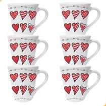 Kit De 6 Xicaras De 110ml De Porcelana Decorada Coração Vermelho Kit De 6 Xicaras De 110ml De Porcelana Decorada Coração Vermelho