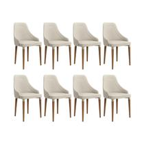 Kit de 8 Cadeiras de Madeira Maciça Evelyn Natural com Linho Off White com Champagne Kit de 8 Cadeiras de Madeira Maciça Evelyn Natural com Linho Off White com Champagne