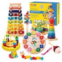 Kit de 9 Brinquedos Educativos para Crianças Bebês de Madeira Multisensoriais para Educação infantil Montar Encaixar Tocar Kit de 9 Brinquedos Educativos para Crianças Bebês de Madeira Multisensoriais para Educação infantil Montar Encaixar Tocar