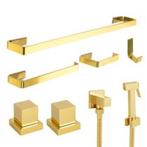 Kit de Acessórios Banheiro Quadrado Dourado Brilhante + 1 Ducha Higiênica + 2 Acabamento Padrão Deca Kit de Acessórios Banheiro Quadrado Dourado Brilhante + 1 Ducha Higiênica + 2 Acabamento Padrão Deca