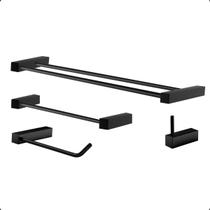 Kit de Acessórios Duplo para Banheiro Quadrado Prateleira 4 Peças Modelo Troia Preto Fosco 2060TR
