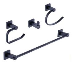 Kit de Acessórios Metal para Banheiro Quadrado Preto Fosco Luxo - 4 Peças Black Matte - BA004PT