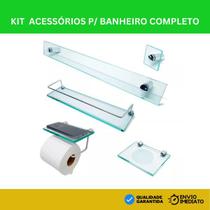 Kit De Acessórios Para Banheiro 5 Peças Em Vidro Incolor Completo, Porta Shampoo, Porta Papel Higiênico
