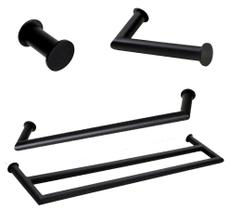 Kit de Acessórios Para Banheiro com 4 Peças em Aço Inox Black Matte Preto Fosco com toalheiro duplo Stainless