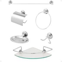 Kit De Acessorios Para Banheiro Inox Porta Shampoo/Prateleira De Vidro