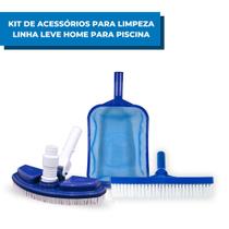 Kit de Acessórios Peneira Plástica Escova Curta e Aspirador Para Limpeza Higienização de Piscina - Brustec