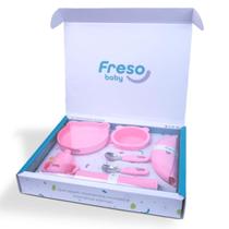 Kit de Alimentação Infantil com Prato Ventosa, Babador e Talheres de Silicone 7 Peças - Rosa- Freso Kit de Alimentação Infantil com Prato Ventosa, Babador e Talheres de Silicone 7 Peças - Rosa- Freso