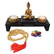 Kit de Altar Buda + 2 Castiçais + Japamala + Kit de 7 Pedras dos Chakras + 2 Velas - Mandala de Luz