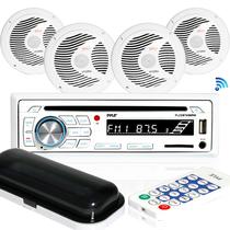 Kit de alto-falantes com receptor estéreo Pyle Marine - Console digital LCD embutido Bluetooth e microfone alto-falantes à prova d'água de 6,5” (4) com leitor de rádio MP3/USB/SD/AUX/FM e controle remoto -PLCDBT85MRW