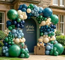 Kit de Arco de Balões Azul Marinho e Verde Balões Duplamente Recheados em Verde Floresta, Azul Escuro, Bege, Branco e Marfim para Chá de Bebê, Aniversário, Formatura, Casamento e Aniversário