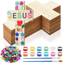 Kit de artesanato Blueweenly Wood Cross para crianças com tinta e adesivos Kit de artesanato Blueweenly Wood Cross para crianças com tinta e adesivos