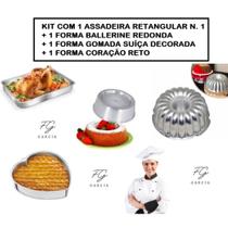 Kit De Assadeira Retangular + 1 Forma Ballerine Redonda + 1 Forma Suíça Gomada + 1 Coração Reto