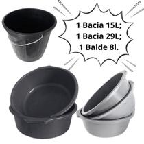 Kit de Bacias Eco Lavanderia e Balde Multiuso: Bacia Plástica 29 L, Bacia Ecológica 15 L e Balde Plástico 8 Litros Com Alça de Aço