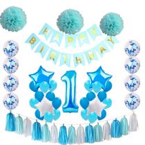 Kit de balão azul de 1º aniversário, 52 unidades com pompons de papel, látex Kit de balão azul de 1º aniversário, 52 unidades com pompons de papel, látex