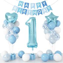 Kit de balão de aniversário, azul de 1º aniversário, 24 unidades com papel alumínio de 40 cm 1