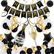 Kit de balão de feliz ano novo, 65 unidades de látex preto com banner e pompons Kit de balão de feliz ano novo, 65 unidades de látex preto com banner e pompons