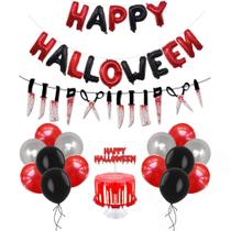 Kit de balão de Halloween, 18 peças, vermelho e preto com banner de faca de sangue