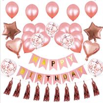 Kit de balões de aniversário, 37 unidades de ouro rosa com faixa e fitas