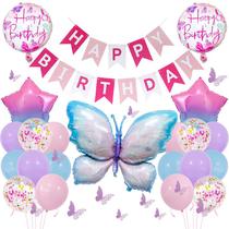Kit de balões de aniversário com tema borboleta 35 unidades rosa/roxo