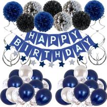 Kit de balões de aniversário de látex azul marinho, 47 unidades com banner e pompons Kit de balões de aniversário de látex azul marinho, 47 unidades com banner e pompons
