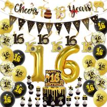 Kit de balões de festa de aniversário de 16 anos Dourado e preto