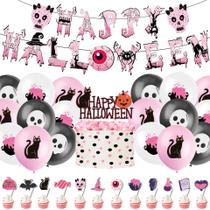 Kit de balões de Halloween, 29 unidades rosa com gato preto, feliz Happy Halloween Kit de balões de Halloween, 29 unidades rosa com gato preto, feliz Happy Halloween