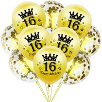 Kit de balões Feliz Aniversário 16, látex dourado, 30 cm, 10 unidades