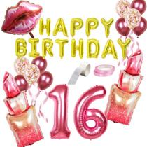 Kit de balões Happy Birthday 16 Mylar Lipstick Pink Lip x18 Kit de balões Happy Birthday 16 Mylar Lipstick Pink Lip x18