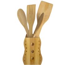 Kit de bambu com 5 peças - suporte espatula colher de pau colher pequena e garfo - cosy