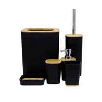 Kit De Banheiro 6 Peças Design Moderno Plástico C/ Bambu Lixeira Saboneteira Suporte Escova de Dentes Kit De Banheiro 6 Peças Design Moderno Plástico C/ Bambu Lixeira Saboneteira Suporte Escova de Dentes