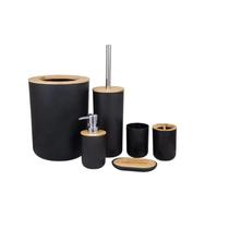 Kit De Banheiro 6 Peças Design Moderno Plástico C/ Bambu Lixeira Saboneteira Suporte Escova de Dentes