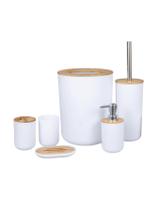 Kit De Banheiro 6 Peças Design Moderno Plástico C/ Bambu Lixeira Saboneteira Suporte Escova de Dentes Kit De Banheiro 6 Peças Design Moderno Plástico C/ Bambu Lixeira Saboneteira Suporte Escova de Dentes