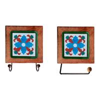 Kit de Banheiro Artesanal com Ladrilho Hidráulico 1 Cabideiro Duplo + 1 Porta-Papel Kit de Banheiro Artesanal com Ladrilho Hidráulico 1 Cabideiro Duplo + 1 Porta-Papel