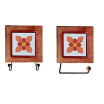 Kit de Banheiro Artesanal com Ladrilho Hidráulico 1 Cabideiro Duplo + 1 Porta-Papel