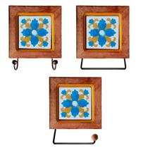 Kit de Banheiro Artesanal com Ladrilho Hidráulico 3 Peças em Madeira Maciça e Ferro Kit de Banheiro Artesanal com Ladrilho Hidráulico 3 Peças em Madeira Maciça e Ferro