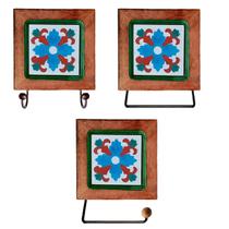 Kit de Banheiro Artesanal com Ladrilho Hidráulico 3 Peças em Madeira Maciça e Ferro