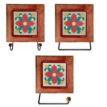 Kit de Banheiro Artesanal com Ladrilho Hidráulico 3 Peças em Madeira Maciça e Ferro